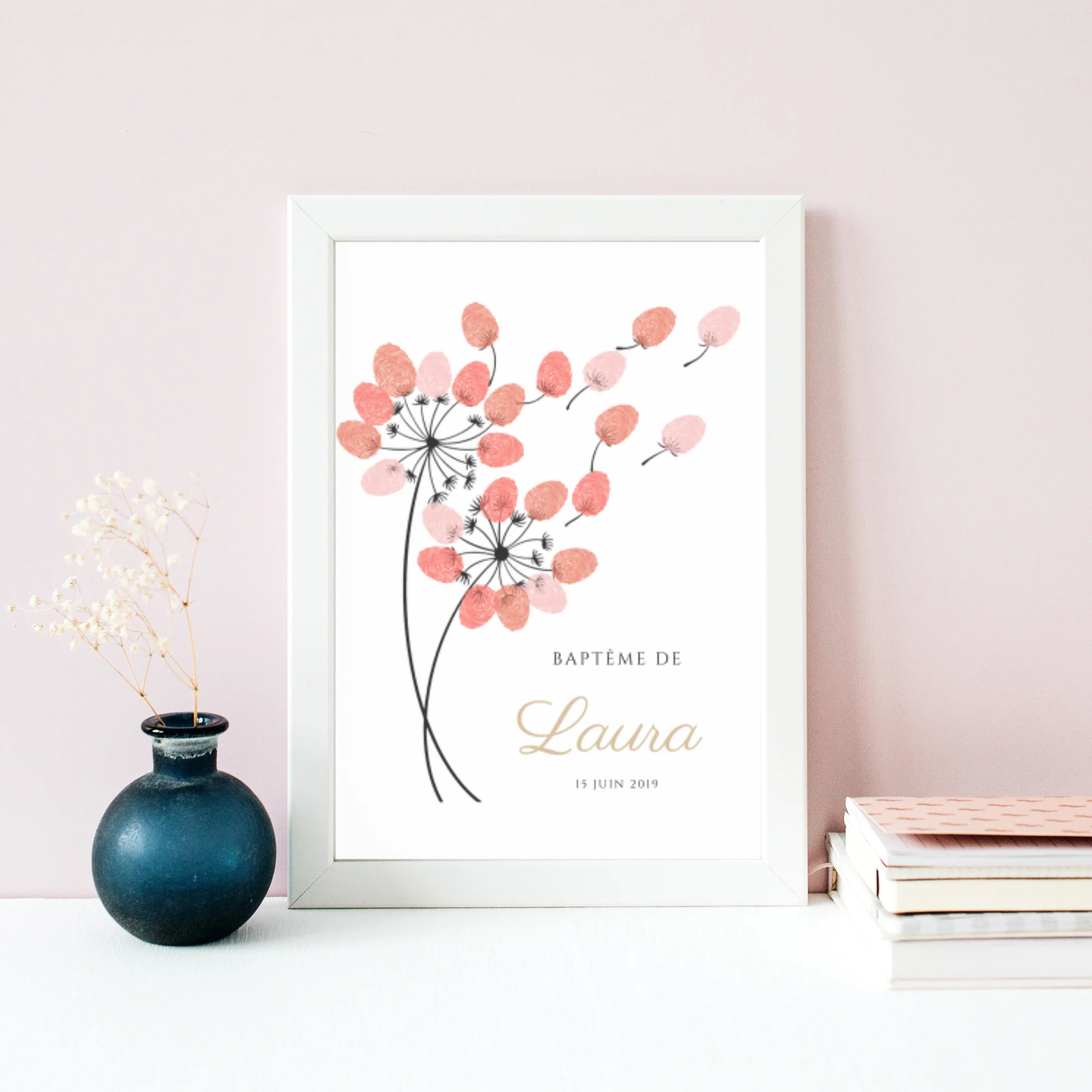 Arbre à empreintes pissenlit pour baptême / anniversaire - Affiche empreinte personnalisée par le Temps des Paillettes