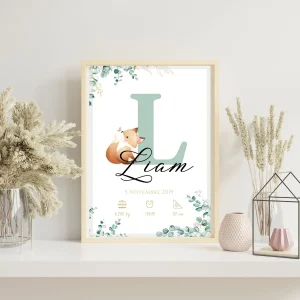 Affiche de naissance personnalisée prénom  initiale eucalyptus et renard - Cadeau de naissance personnalisé  par Le Temps des Paillettes