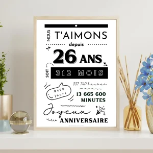 Affiche 26 ans - Carte 26ème anniversaire - Décoration de fête d'anniversaire  par le Temps des Paillettes