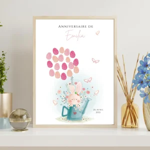 Affiche arbre à empreintes lapin et fleurs - Déco anniversaire baptême personnalisée fille rose par le Temps des Paillettes