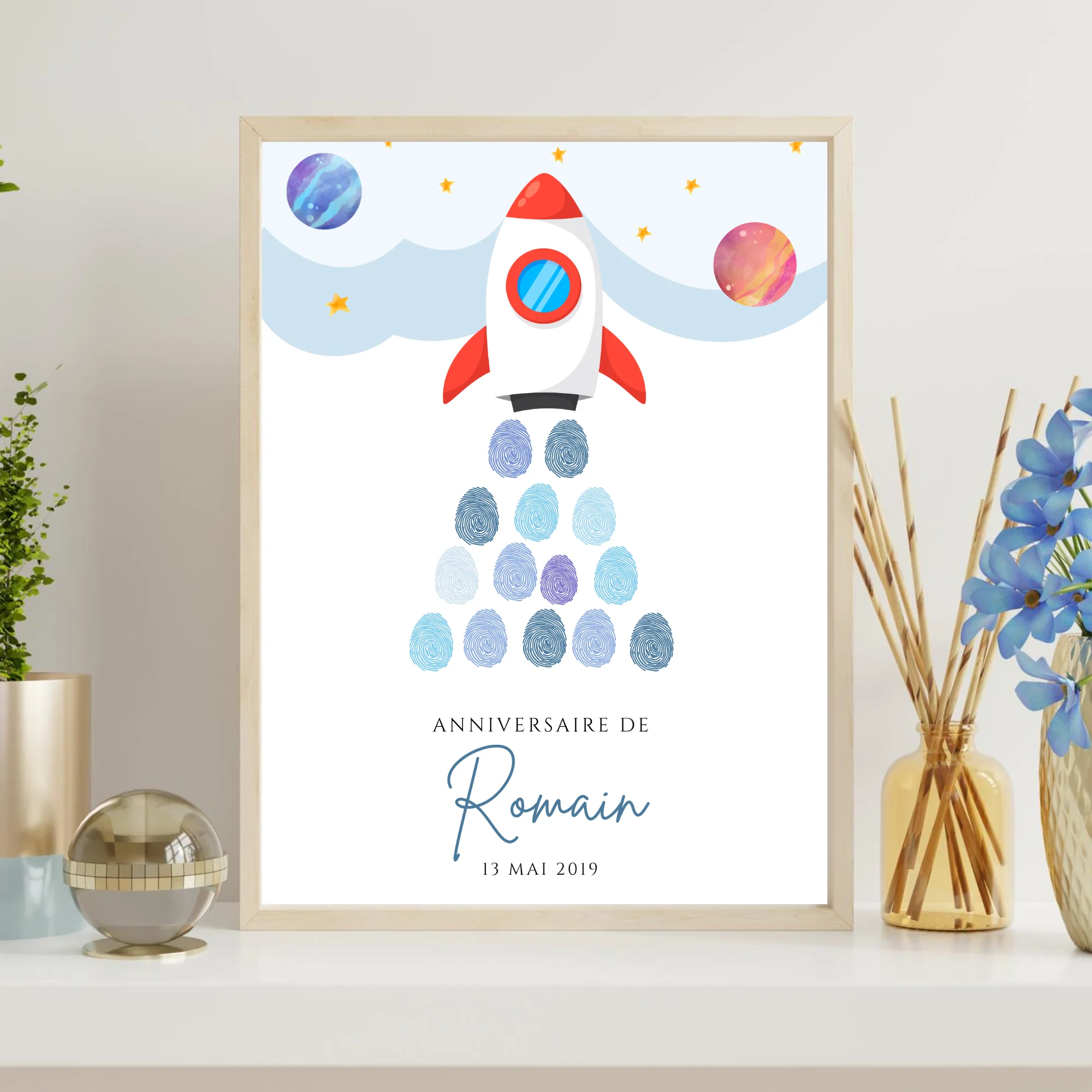 Arbre à empreintes personnalisé baptême / anniversaire - Décoration fusée et espace par le Temps des Paillettes – Image 2