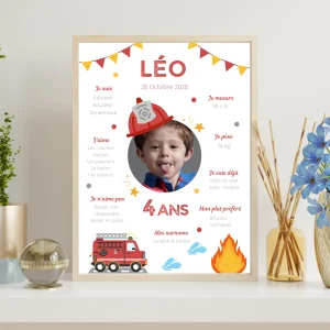 Affiche d'anniversaire personnalisée sur le thème Pompier - Cadeau Unique et Original