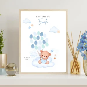Affiche arbre à empreintes ours bleu et ballon - Déco anniversaire baptême personnalisée garçon bleu par le Temps des Paillettes