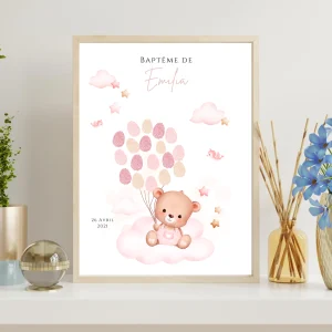 Affiche arbre à empreintes ours rose et ballon - Déco anniversaire baptême personnalisée fille rose par le Temps des Paillettes