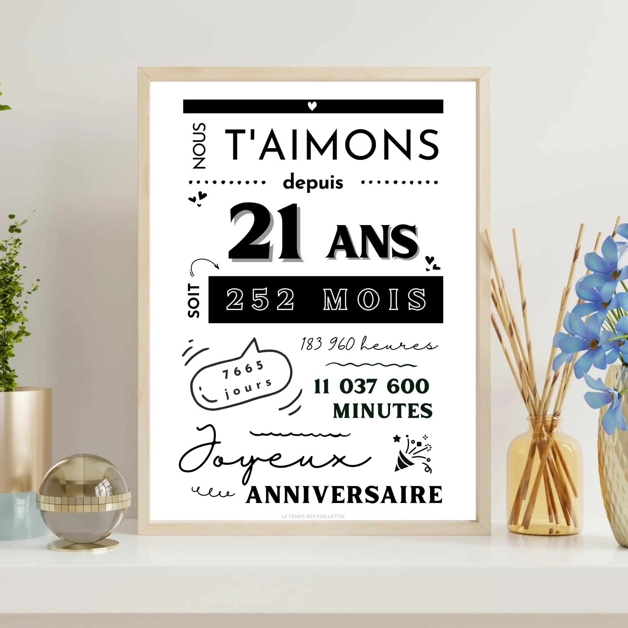 Affiche 21 ans - Carte 21ème anniversaire - Décoration de fête d'anniversaire par le Temps des Paillettes