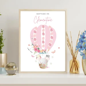 Affiche arbre à empreintes montgolfière et animaux - Déco baptême anniversaire personnalisée par le Temps des Paillettes