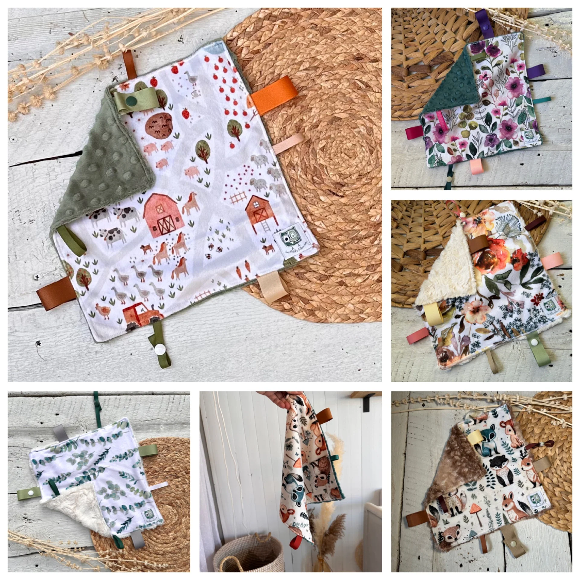 Doudou Rikiki douce des 2 cotés, EN STOCK PRÊTES À PARTIR ! doudou attache suce / jouet, taille 10x10" (25cm x 25cm) endos en minky