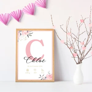Affiche de naissance personnalisée prénom initiale rose - Cadeau de naissance personnalisé par Le Temps des Paillettes