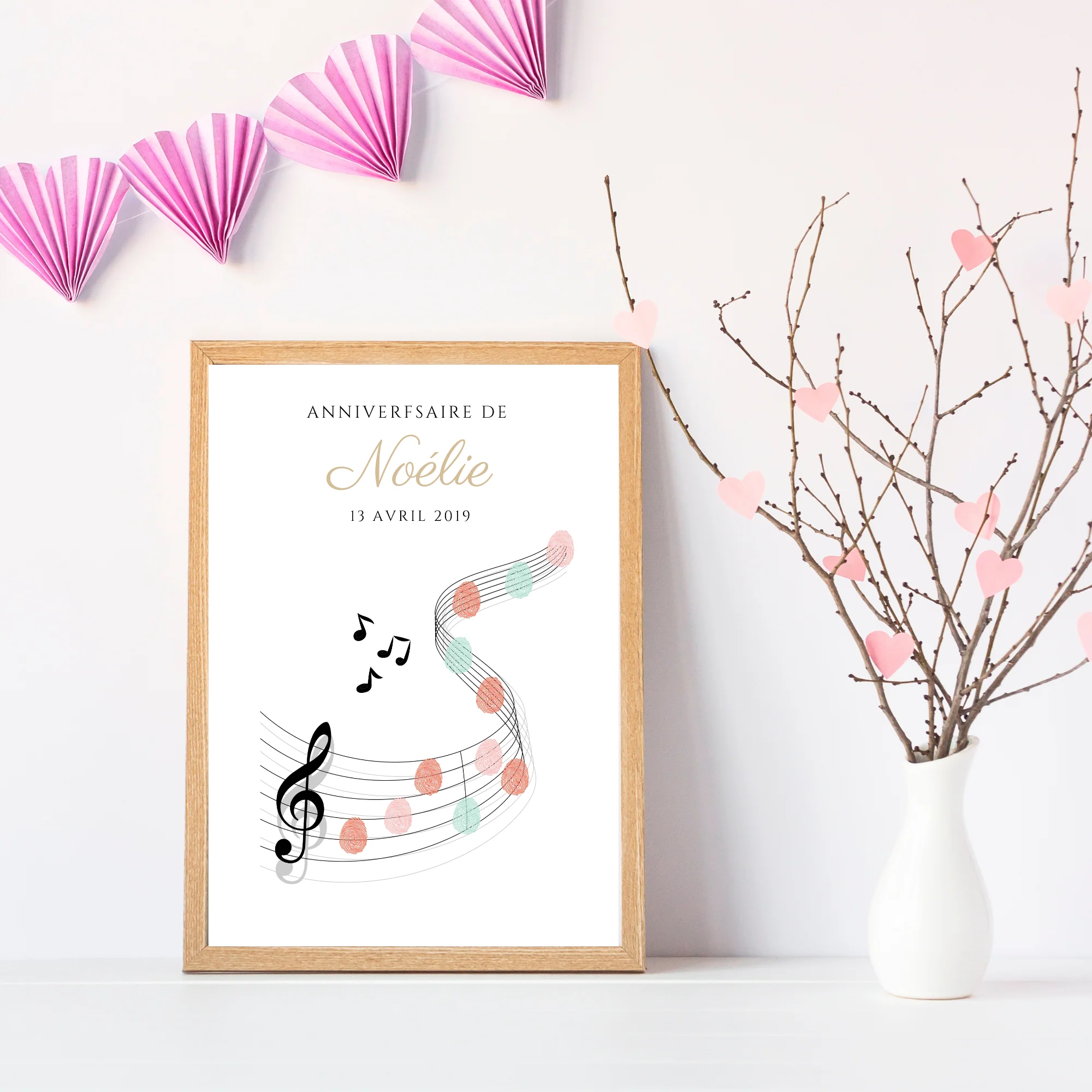 Arbre à empreintes personnalisé baptême / anniversaire - Décoration portée de musique et notes par le Temps des Paillettes – Image 2