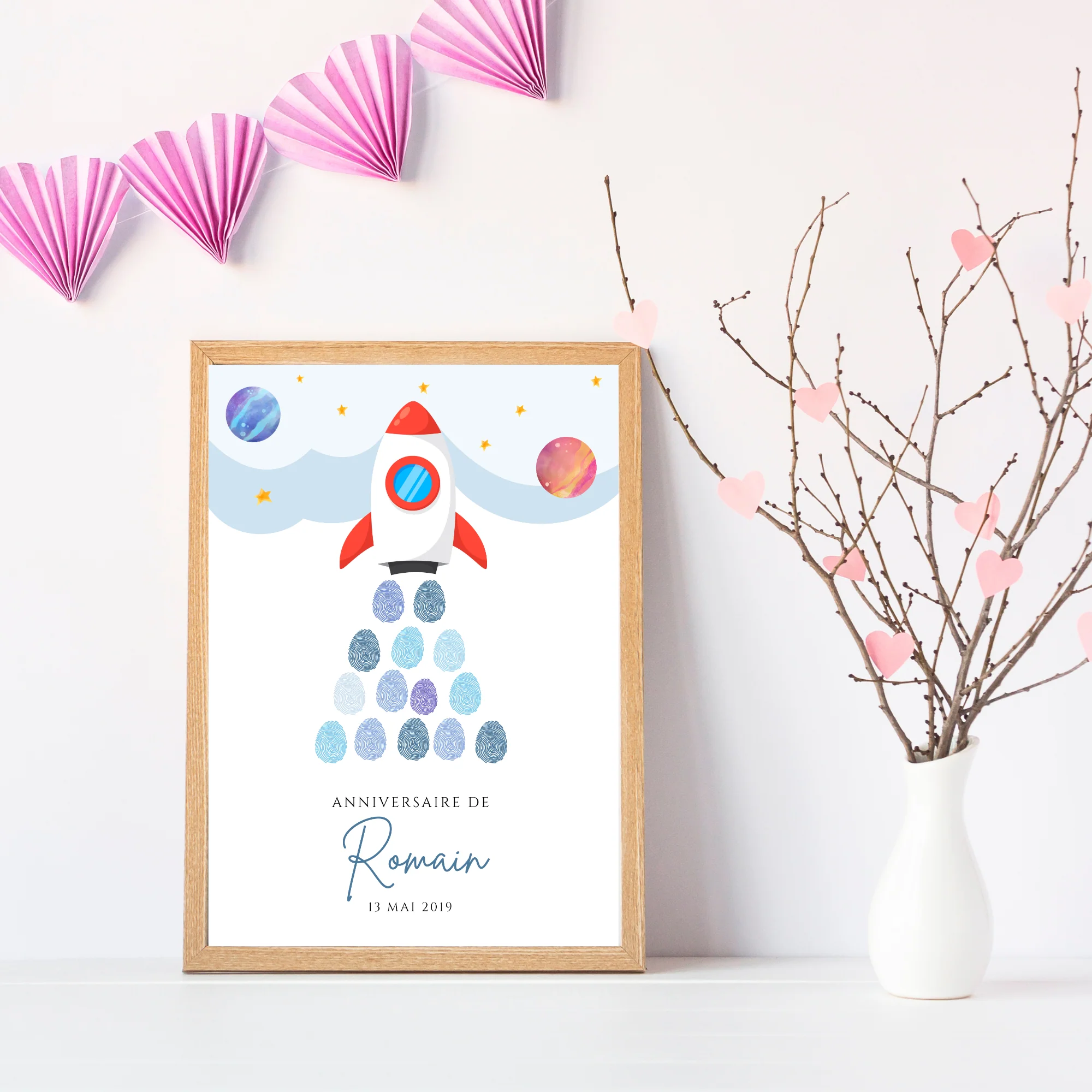 Arbre à empreintes personnalisé baptême / anniversaire - Décoration fusée et espace par le Temps des Paillettes – Image 5