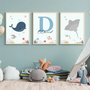 Affiches océan enfant - trio prénom baleine raie - Décoration sous l'océan par Le Temps des Paillettes