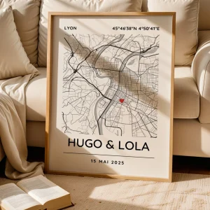 Affiche carte pour couple personnalisée avec lieu de rencontre - Affiche carte GPS