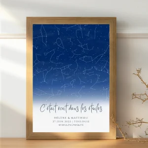 Affiche carte des étoiles personnalisée bleue - cadeau constellation pour couple - Cadeau rencontre - décoration personnalisée