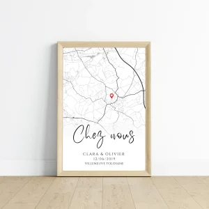 Affiche carte personnalisée – couple, lieu de rencontre, fiançailles, mariage, maison