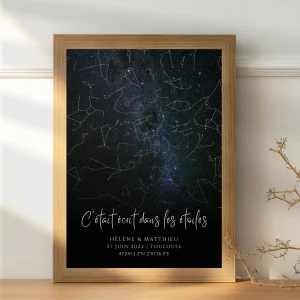 Affiche carte des étoiles personnalisée bleue - cadeau constellation pour couple - Cadeau rencontre - décoration personnalisée