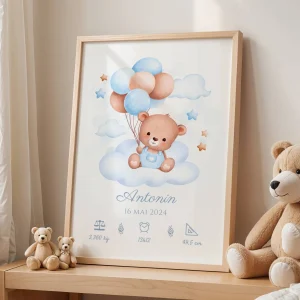Affiche de naissance ours et ballons garçon- Décoration chambre bébé personnalisé bleu