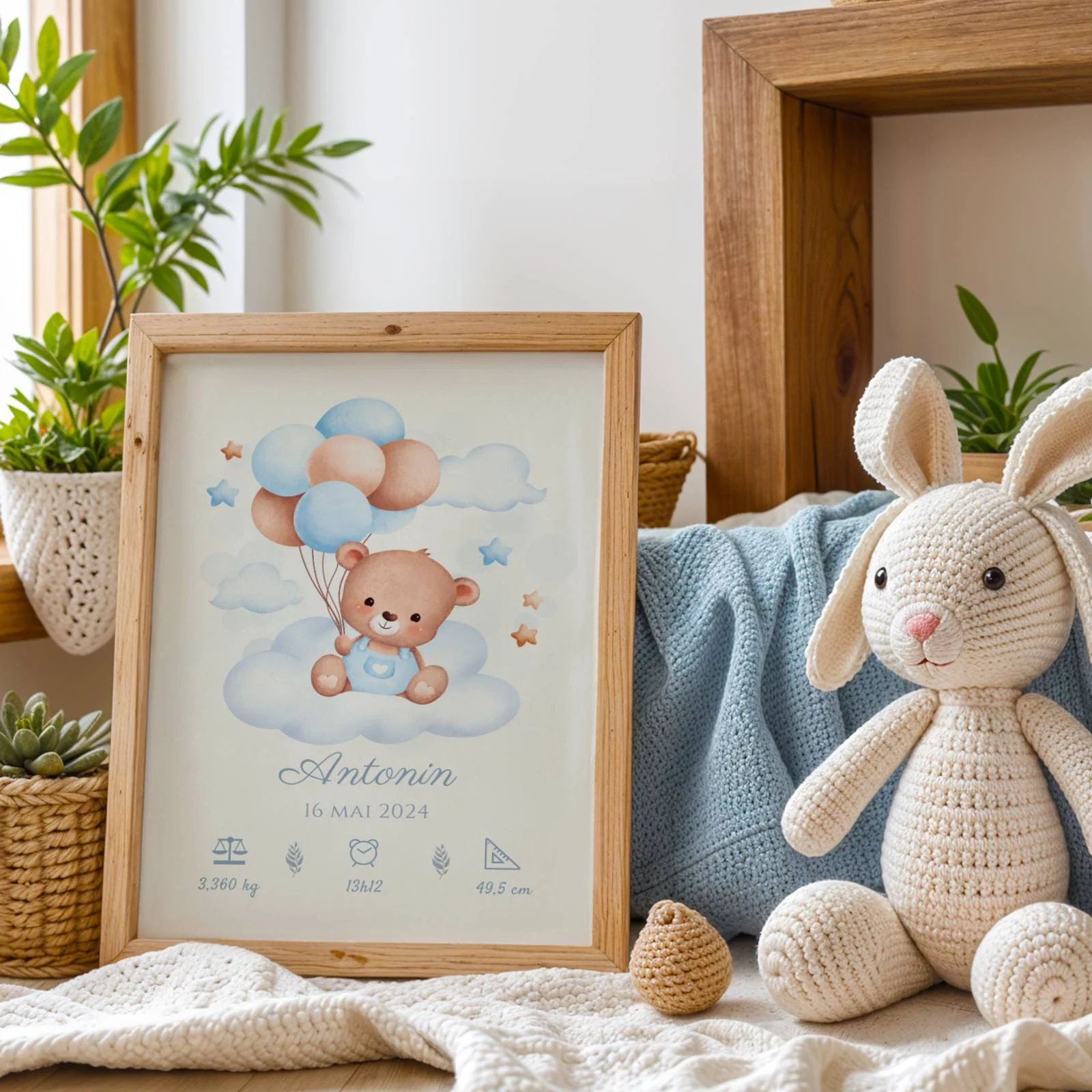 Affiche de naissance ours et ballons garçon- Décoration chambre bébé personnalisé bleu – Image 2
