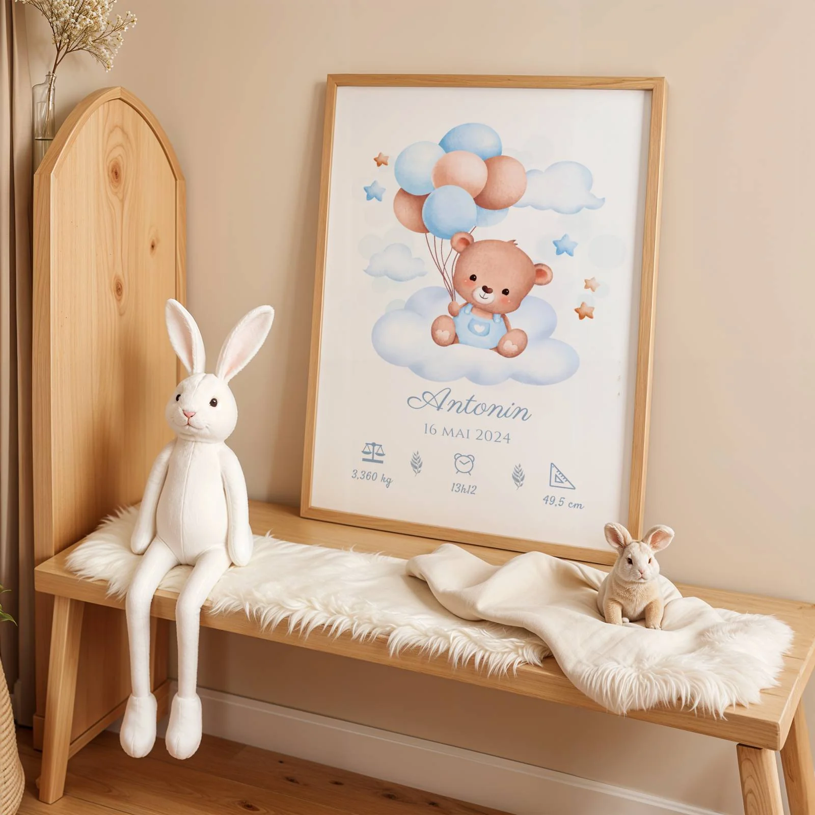 Affiche de naissance ours et ballons garçon- Décoration chambre bébé personnalisé bleu – Image 3
