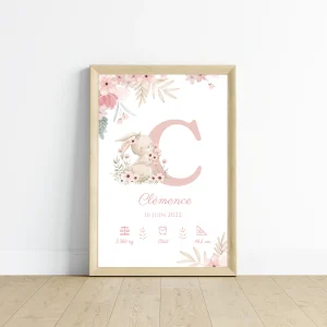 Affiche de naissance lapin - Cadeau de naissance personnalisé