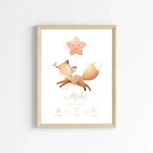 Affiche de naissance renard - Cadeau de naissance personnalisé