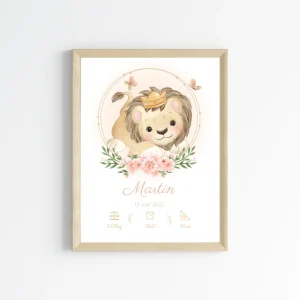 Affiche de naissance lion et fleurs - Cadeau de naissance personnalisé