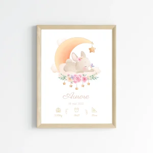 Affiche de naissance lapin - Cadeau de naissance personnalisé