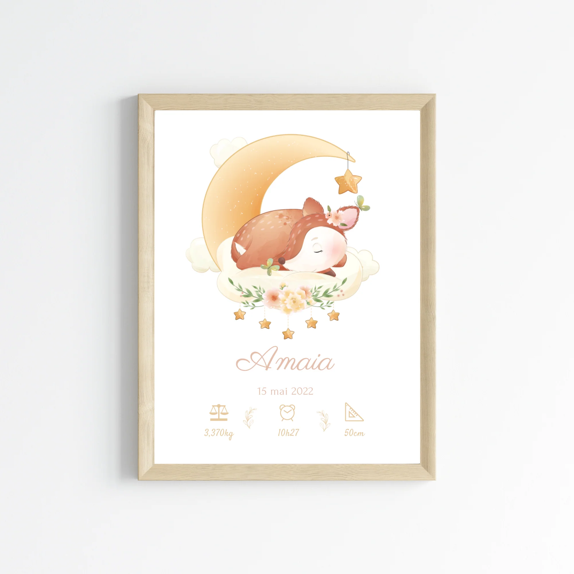 Affiche de naissance biche - Cadeau de naissance personnalisé