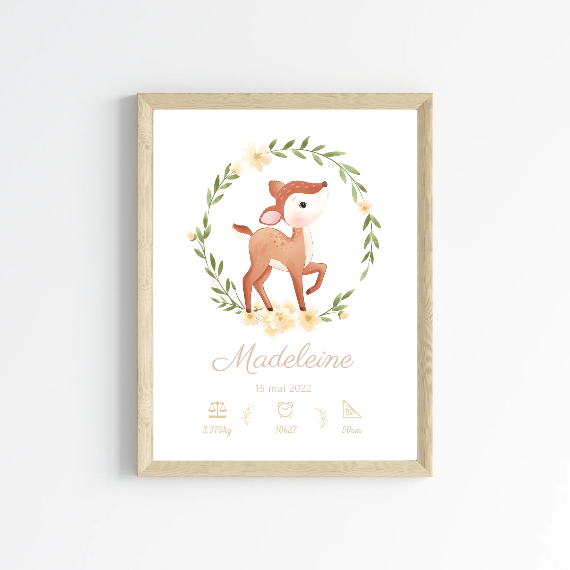 Affiche de naissance biche - Cadeau de naissance personnalisé