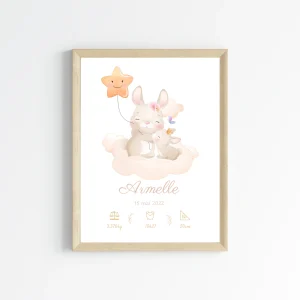 Affiche de naissance lapin - Cadeau de naissance personnalisé