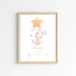 Affiche de naissance lapin - Cadeau de naissance personnalisé