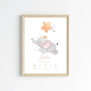 Affiche de naissance éléphant - Cadeau de naissance personnalisé