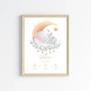 Affiche de naissance éléphant - Cadeau de naissance personnalisé