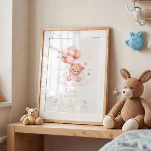 Affiche de naissance ours rose et ballons - Décoration chambre bébé personnalisé