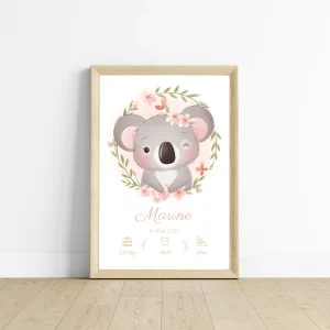 Affiche de naissance koala - Cadeau de naissance personnalisé