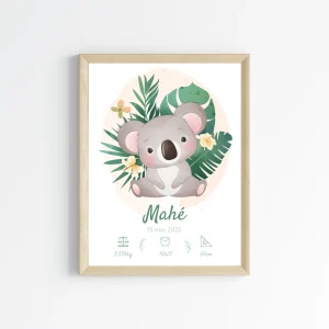 Affiche de naissance koala tropical - Cadeau de naissance personnalisé