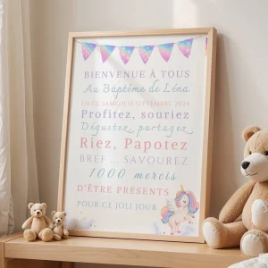 Affiche bienvenue baptême Licorne   / anniversaire personnalisée