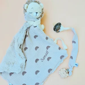 Coffret Naissance Lion, Doudou et Attache tétine Lion Personnalisé
