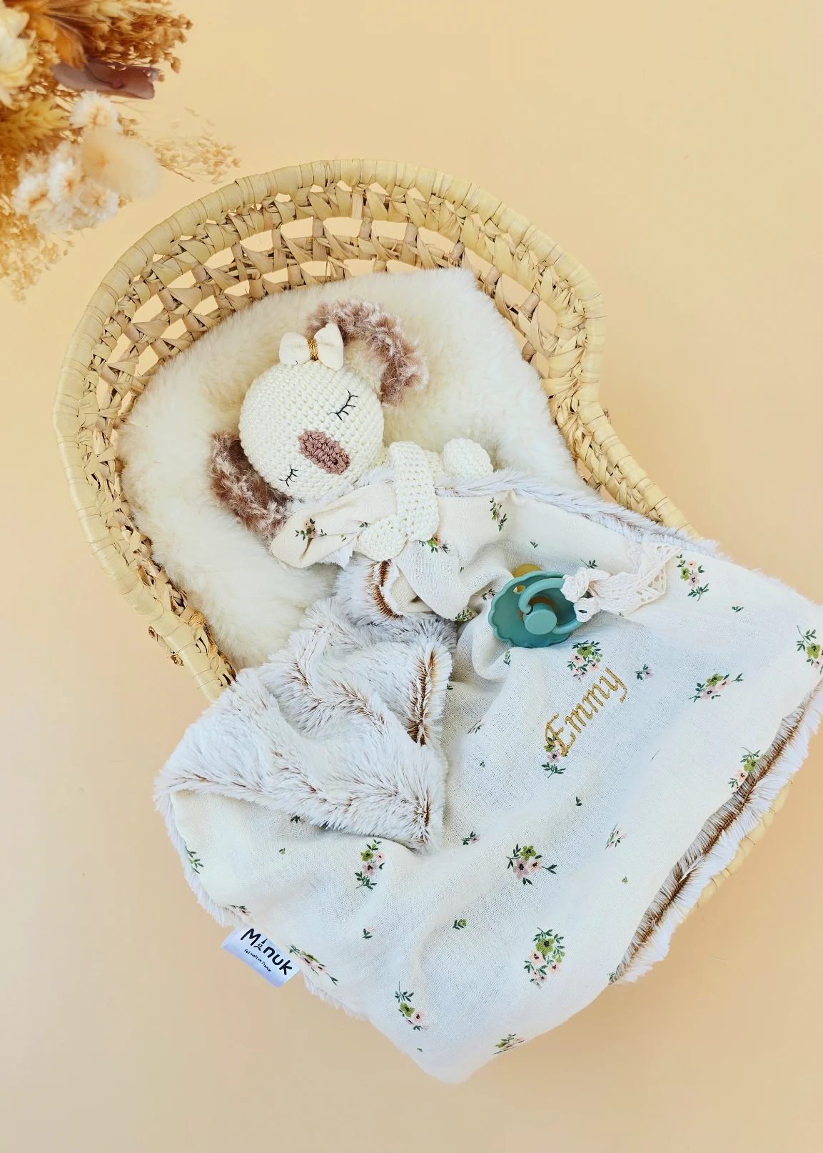 Doudou Attache tétine Koala Beige fleurie Personnalisé