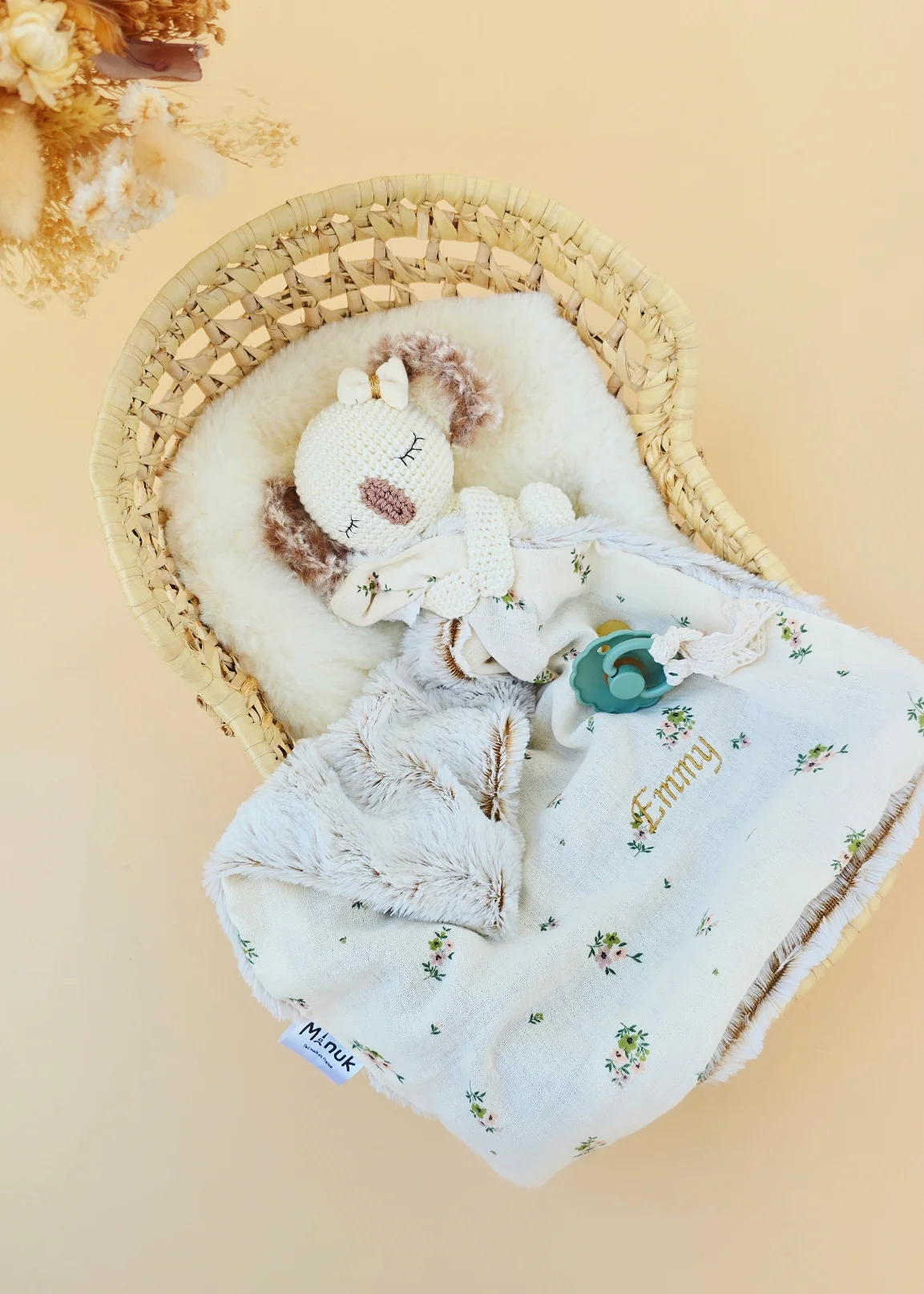 Doudou Attache tétine Koala Beige fleurie Personnalisé – Image 3