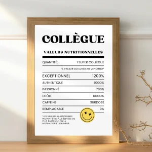 Affiche Collègue Valeurs nutritionnelles - affiche humoristique cadeau collègue