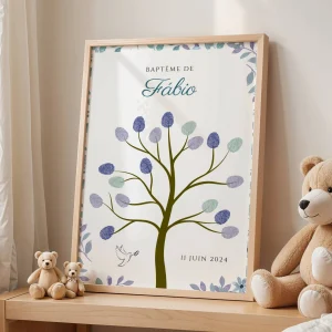 Arbre à empreintes baptême anniversaire pour garçon - Déco anniversaire personnalisé bleu  - cadre empreinte