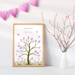 Affiche arbre à empreintes papillons - Déco anniversaire personnalisée fille rose