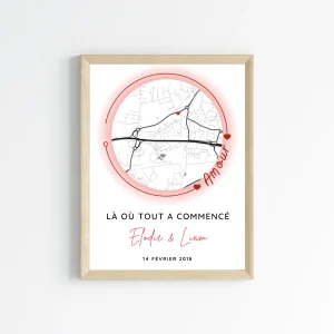 Affiche carte personnalisée pour couple avec lieu de rencontre - Affiche carte GPS là ou tout a commencé par Le Temps des Paillettes