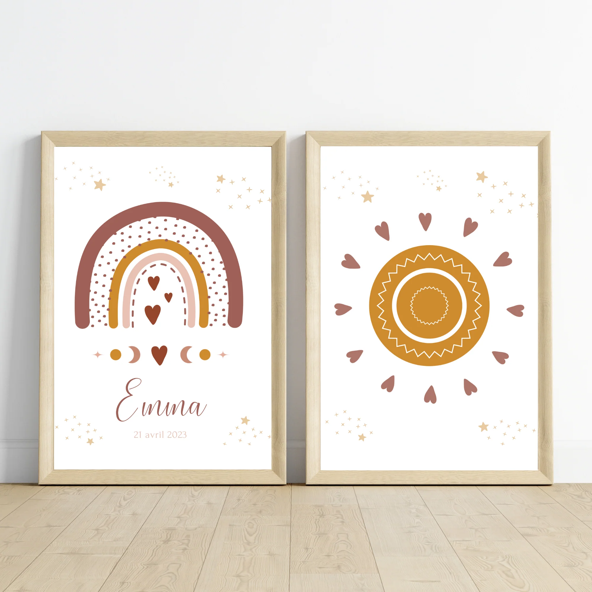 Set 3 affiches enfant terracotta bohème - décoration arc en ciel lune soleil – Image 2
