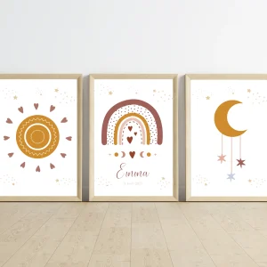 Set 3 affiches enfant terracotta bohème - décoration arc en ciel lune soleil