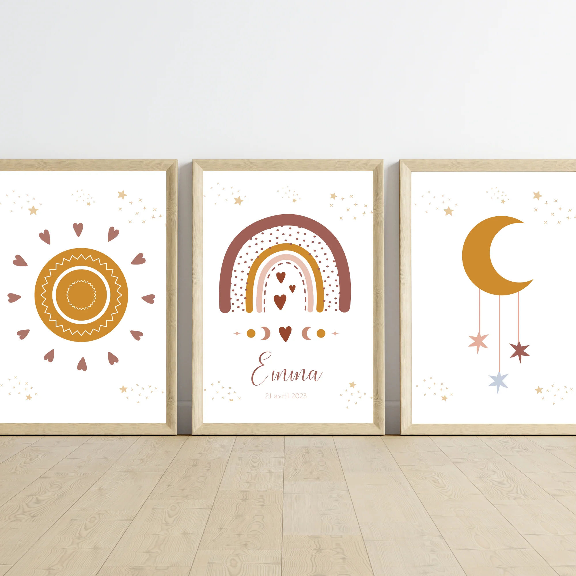 Set 3 affiches enfant terracotta bohème - décoration arc en ciel lune soleil