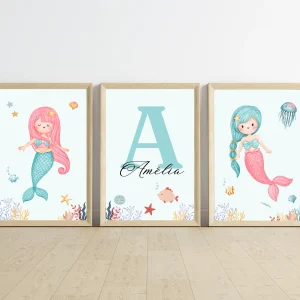 Affiche enfant sirène - Déco fille océan - Trio affiches A4 SANS CADRE
