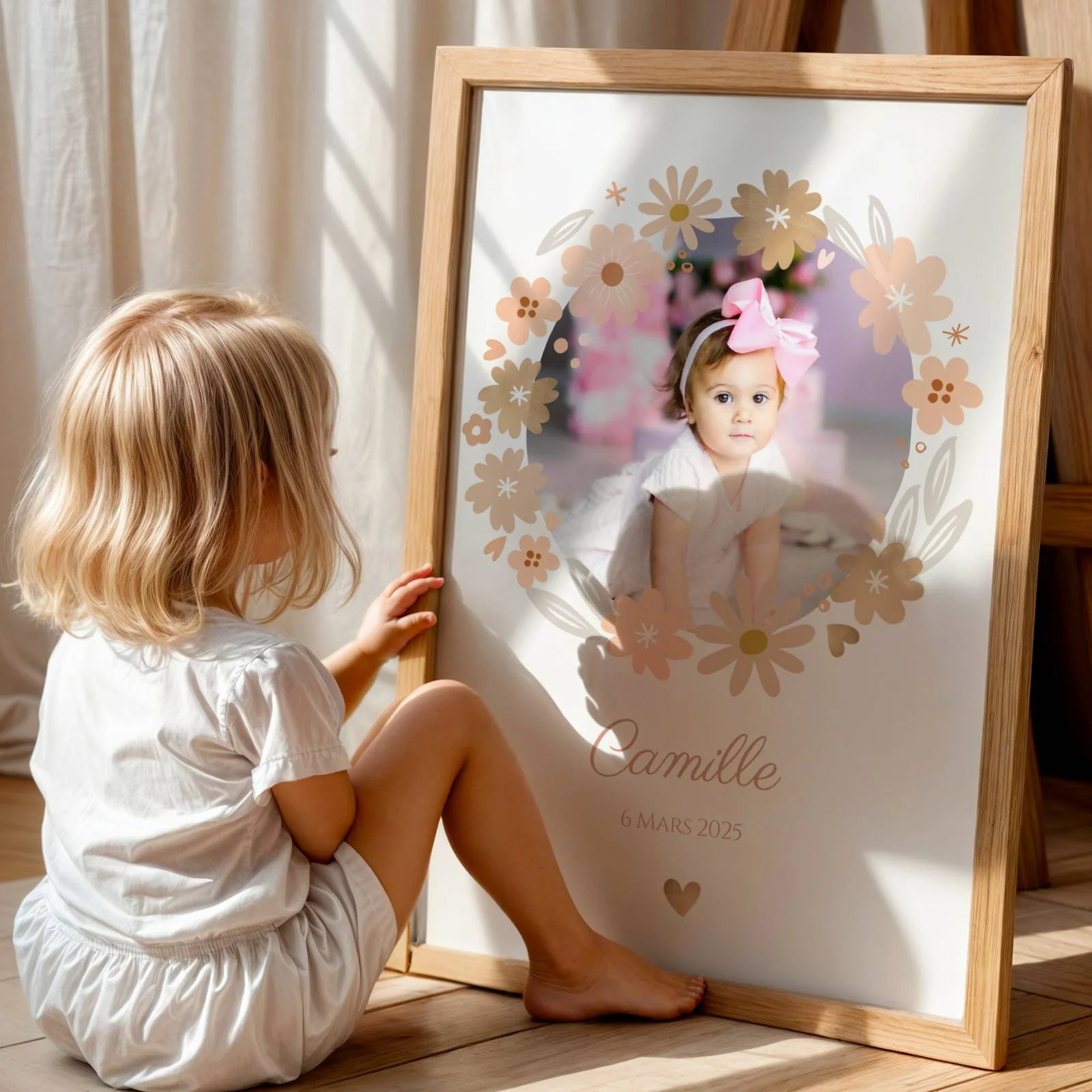 Affiche Enfant Fleurs Boho avec prénom et photo – Décoration Chambre Bébé – Image 2