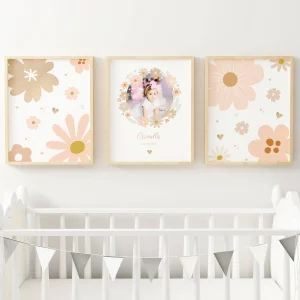 Affiche Enfant Fleurs Boho avec prénom et photo – Décoration Chambre Bébé