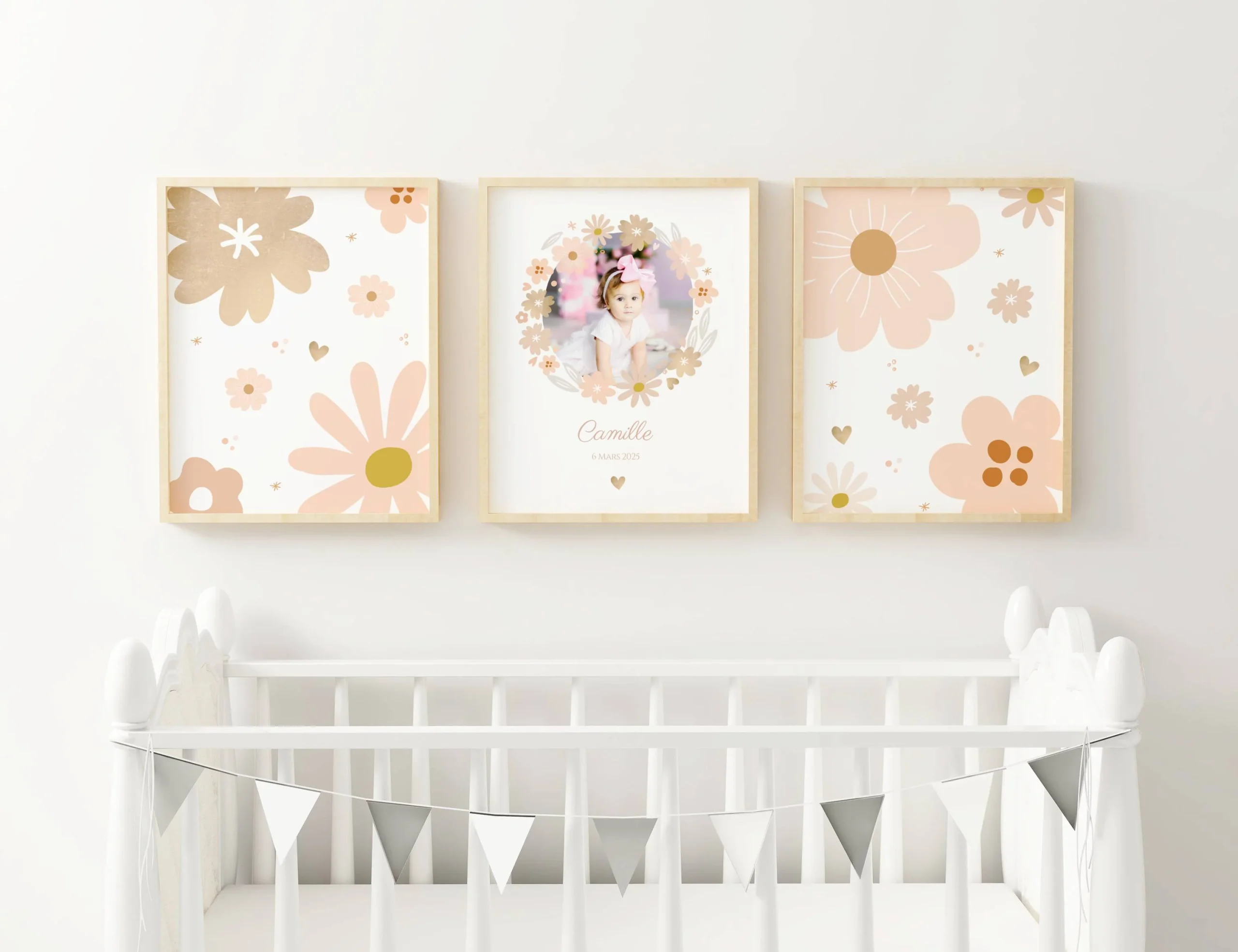 Affiche Enfant Fleurs Boho avec prénom et photo – Décoration Chambre Bébé